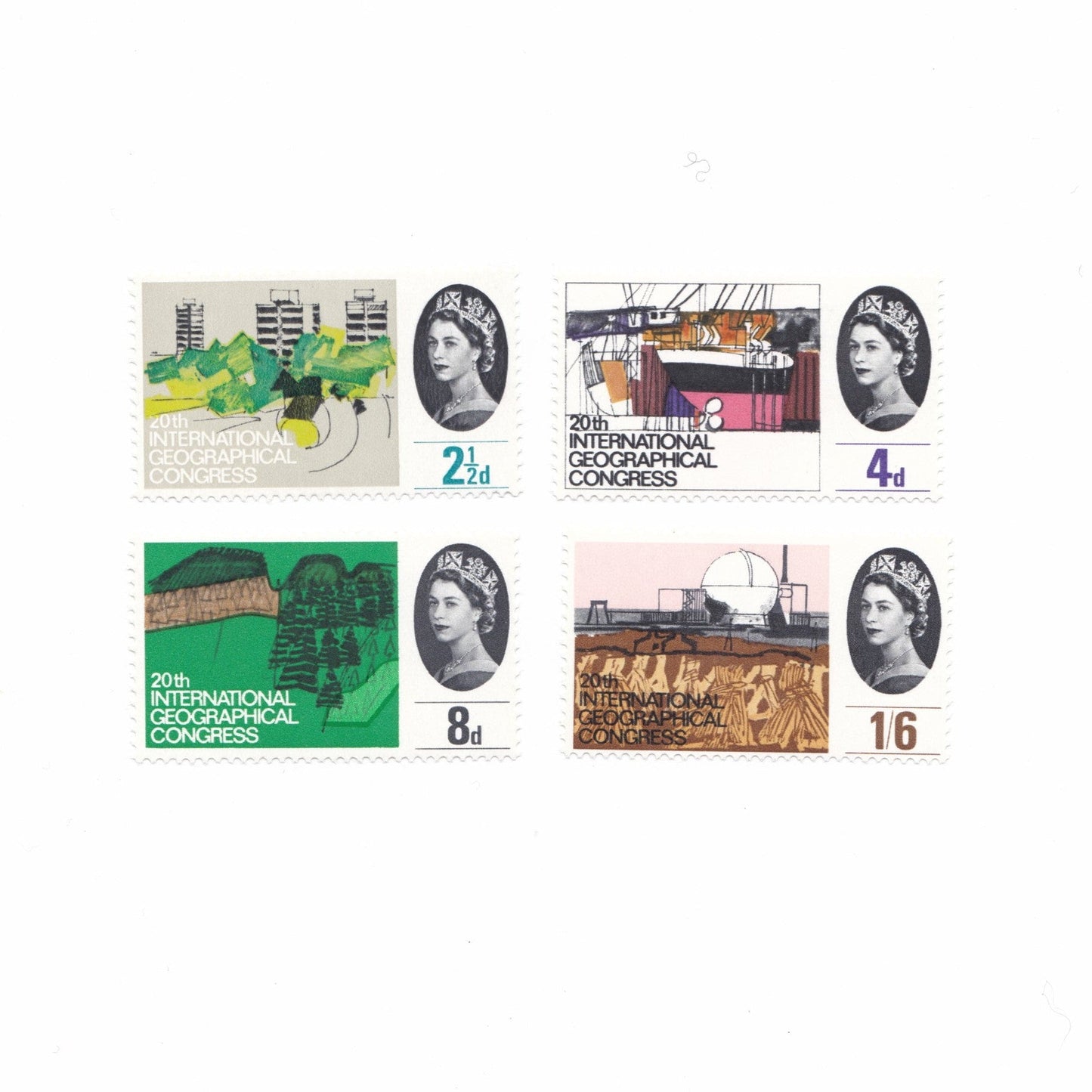 Collection of vintage stamps featuring Queen Elizabeth II and various designs on a white background