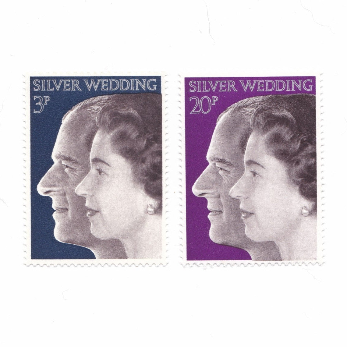 Two stamps featuring a profile of a queen elizabeth ii with 'Silver Wedding' text on a white background
