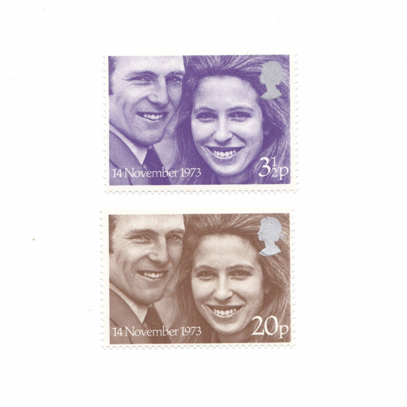 Two stamps featuring a couple with dates and prices on a white background
