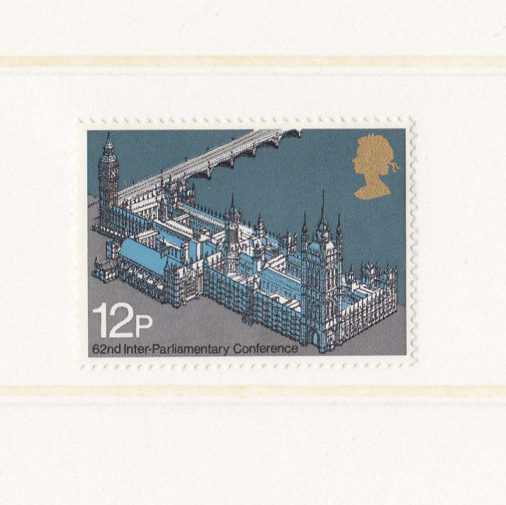 houses of parliament in blue on a postage stamp