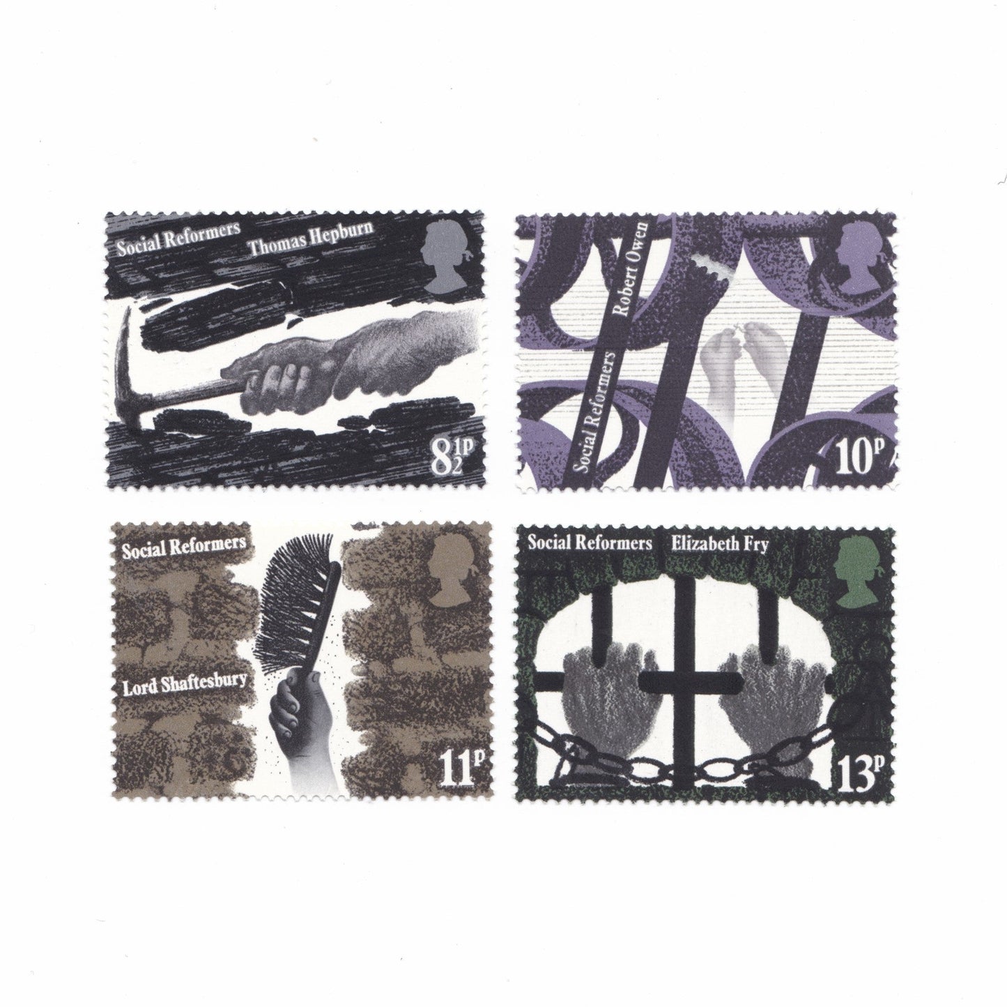 black and white images on a postage stamp on a white background