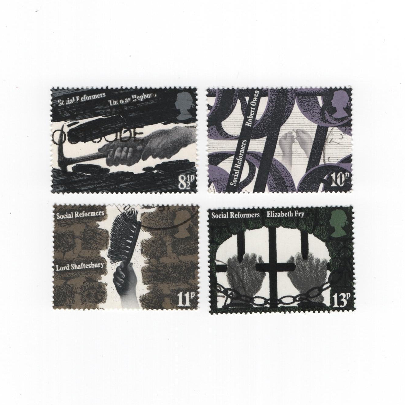 Set of four postage stamps with black and white designs on a white background