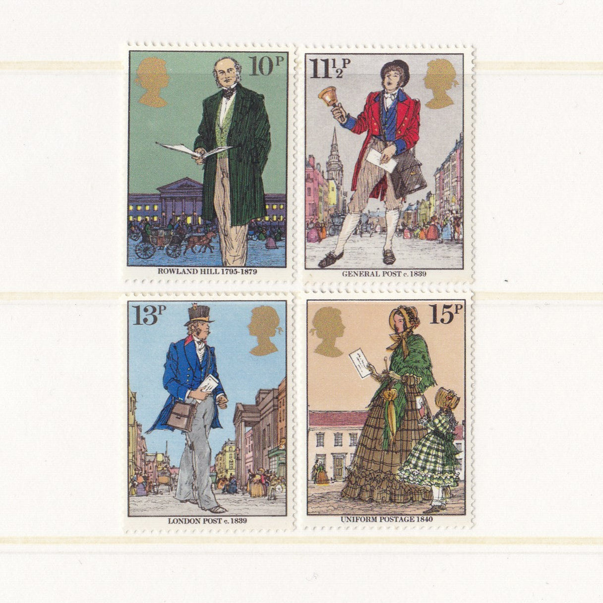 Illustrations of people delivering and sending mail on postage stamps on a white background