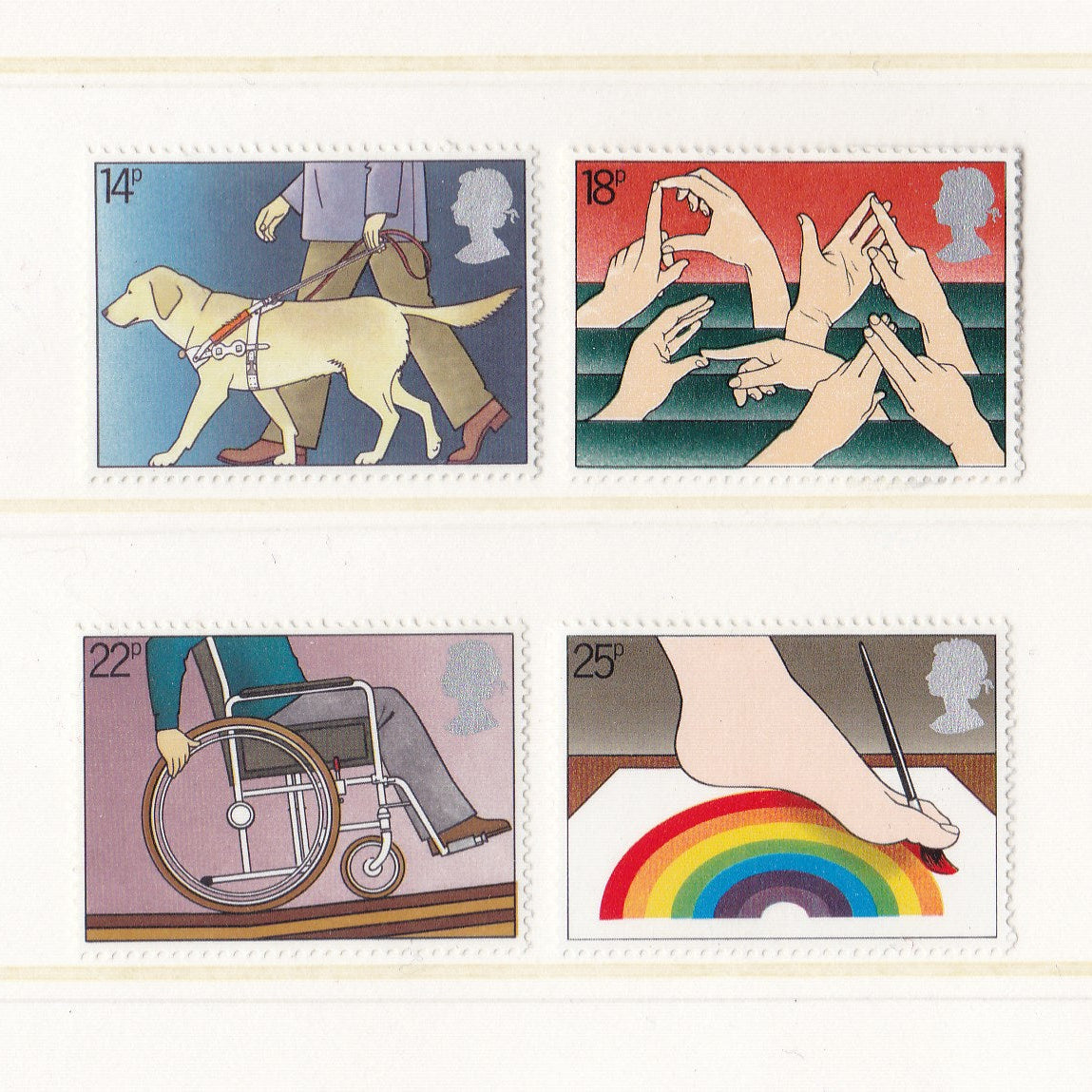 Colourful images of parts of people on postage stamps