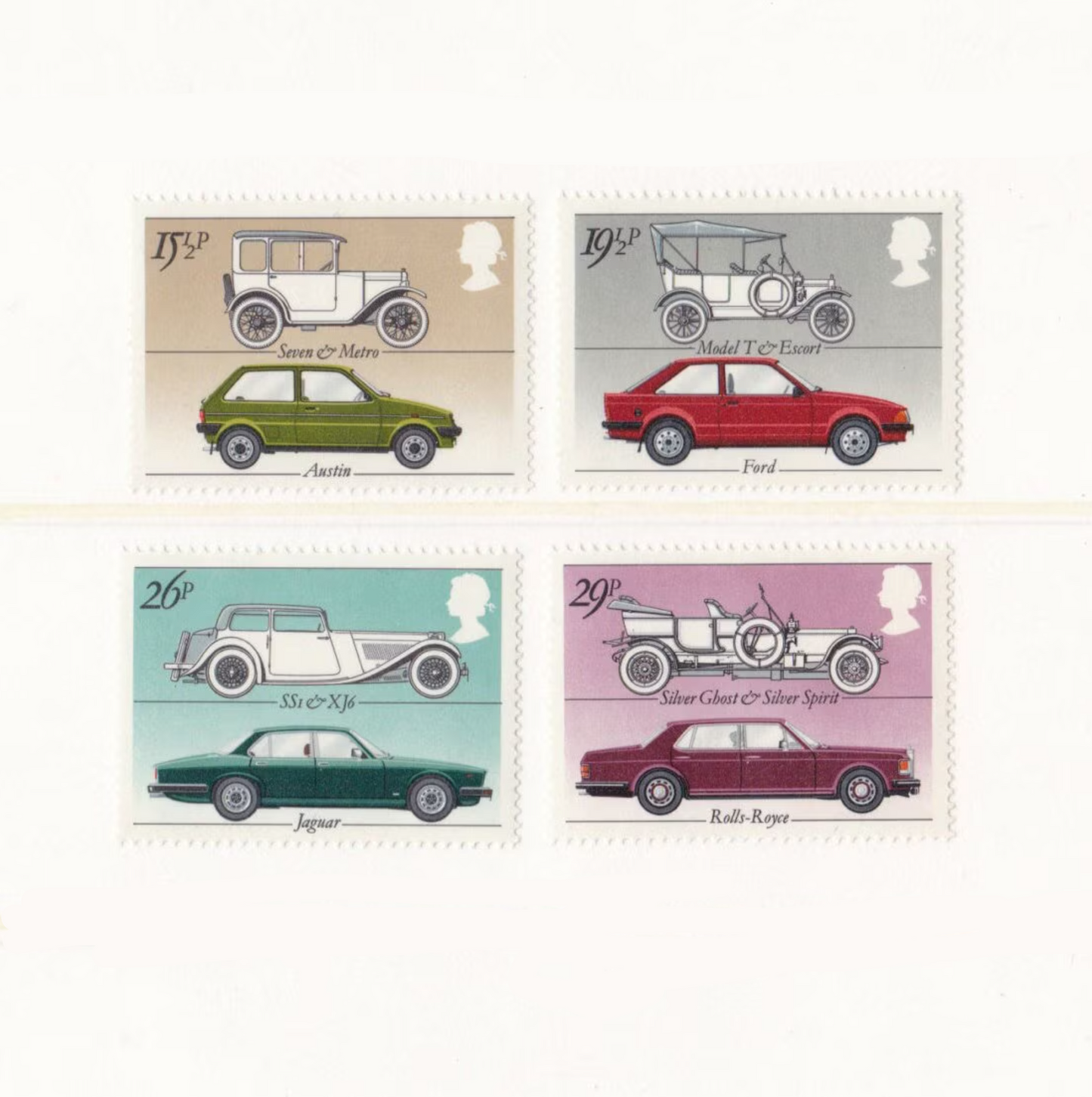 Set of stamps featuring vintage cars on a white background
