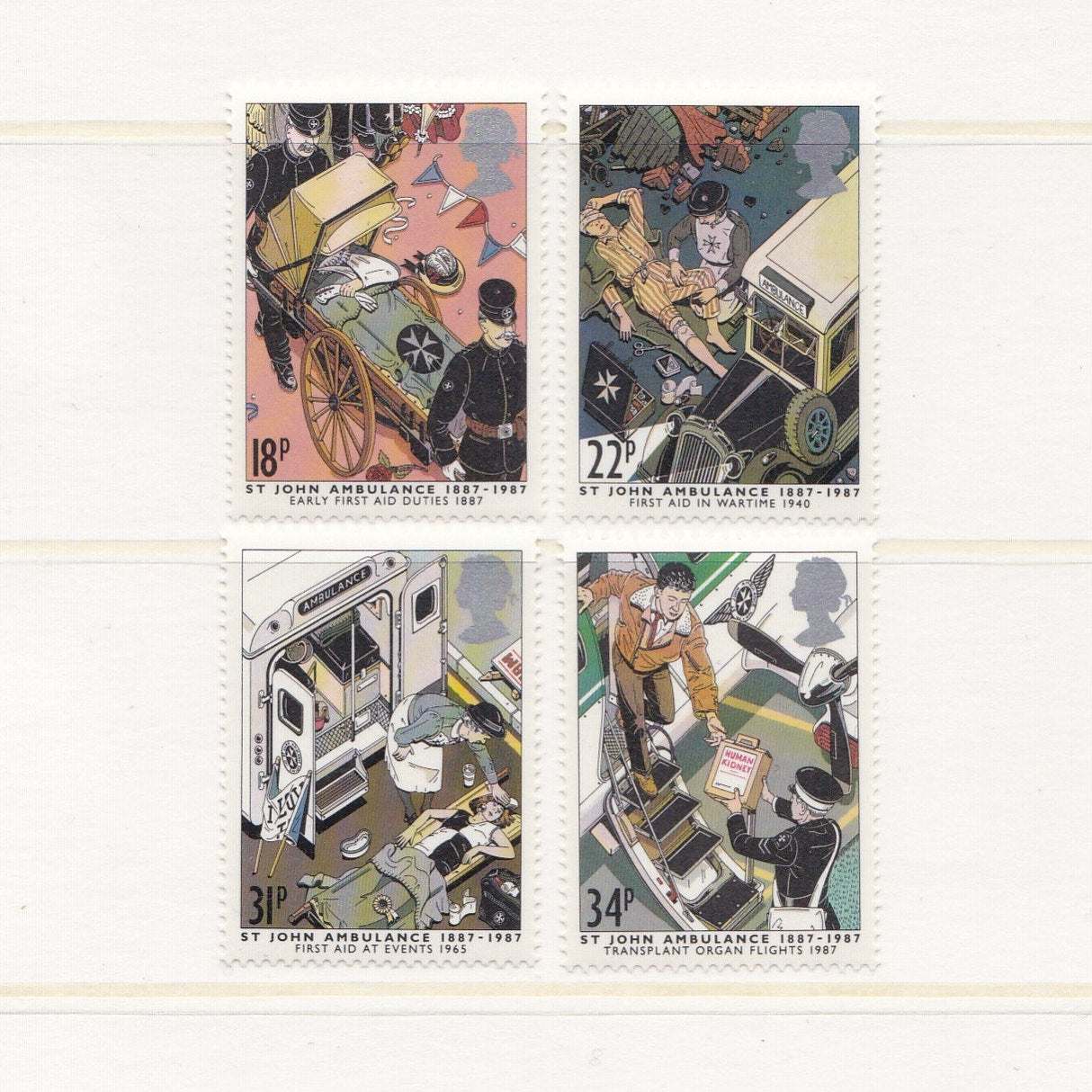 Illustrations of ambulance duties on postage stamps