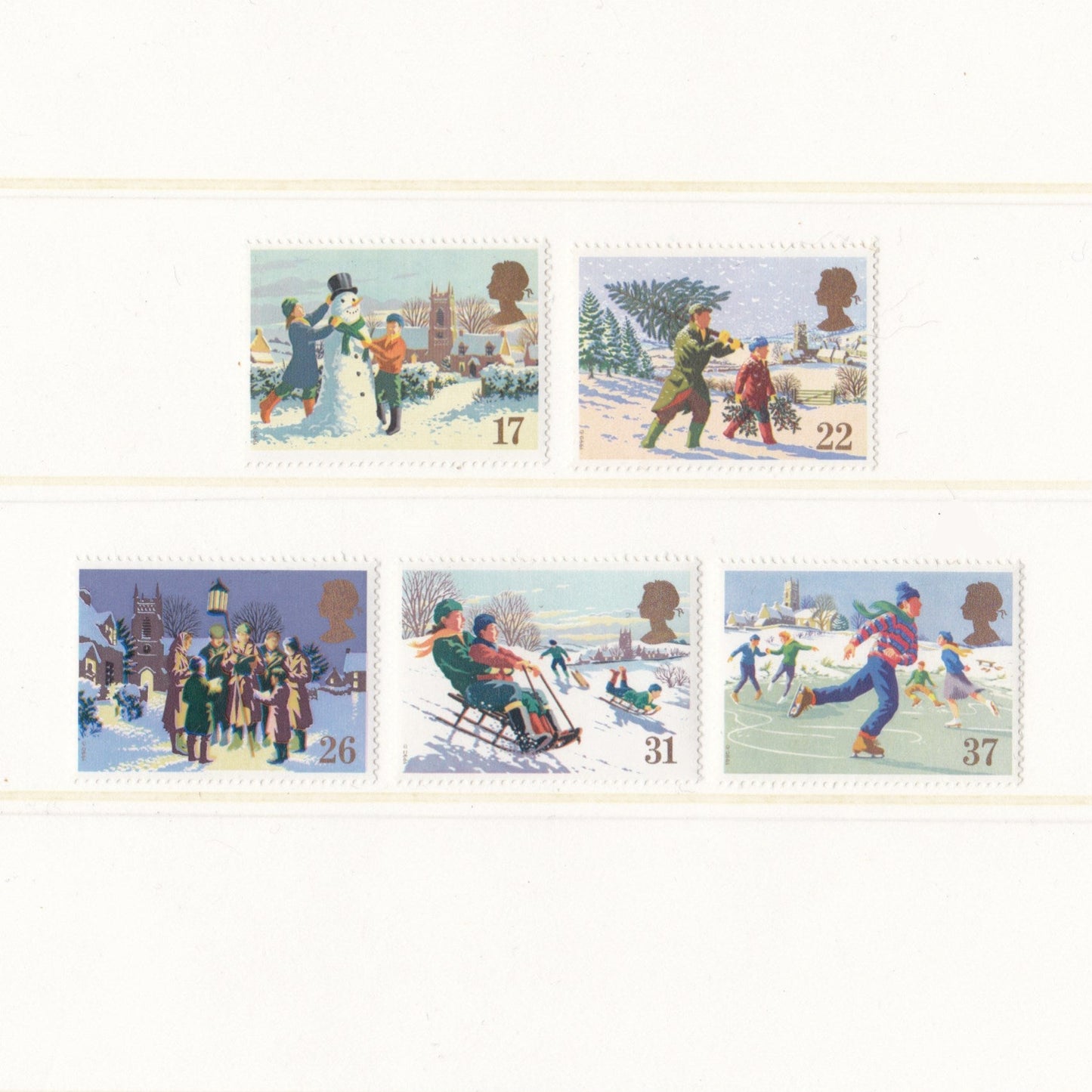Set of six illustrated stamps depicting winter activities on a white background