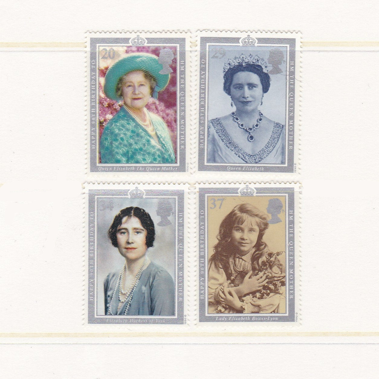 Four stamps featuring images of the queen mother on a white background