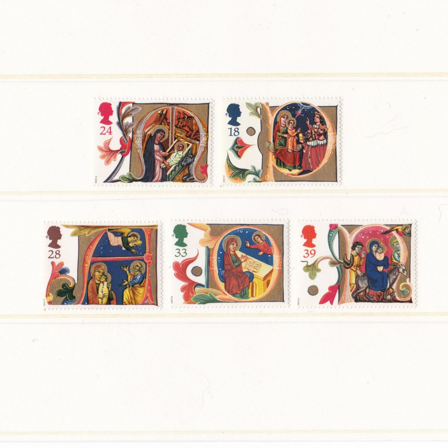 Set of six illustrated stamps featuring religious scenes on a white background