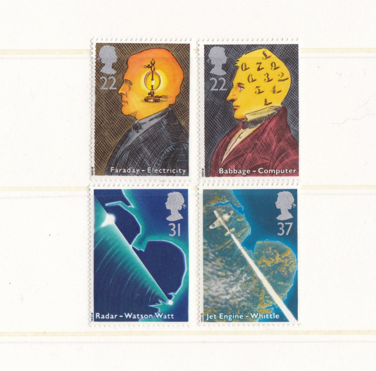 Four postage stamps with illustrations and text on a white background