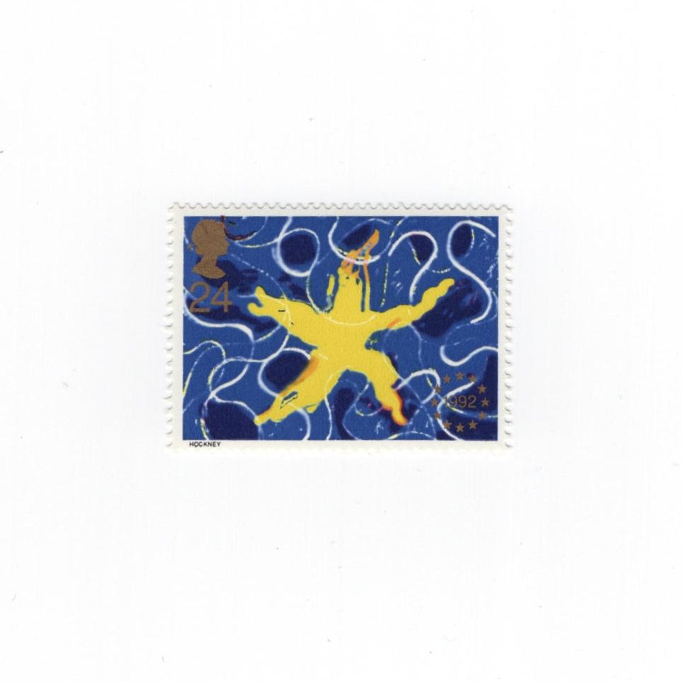 yellow star painted on a blue background stamp design