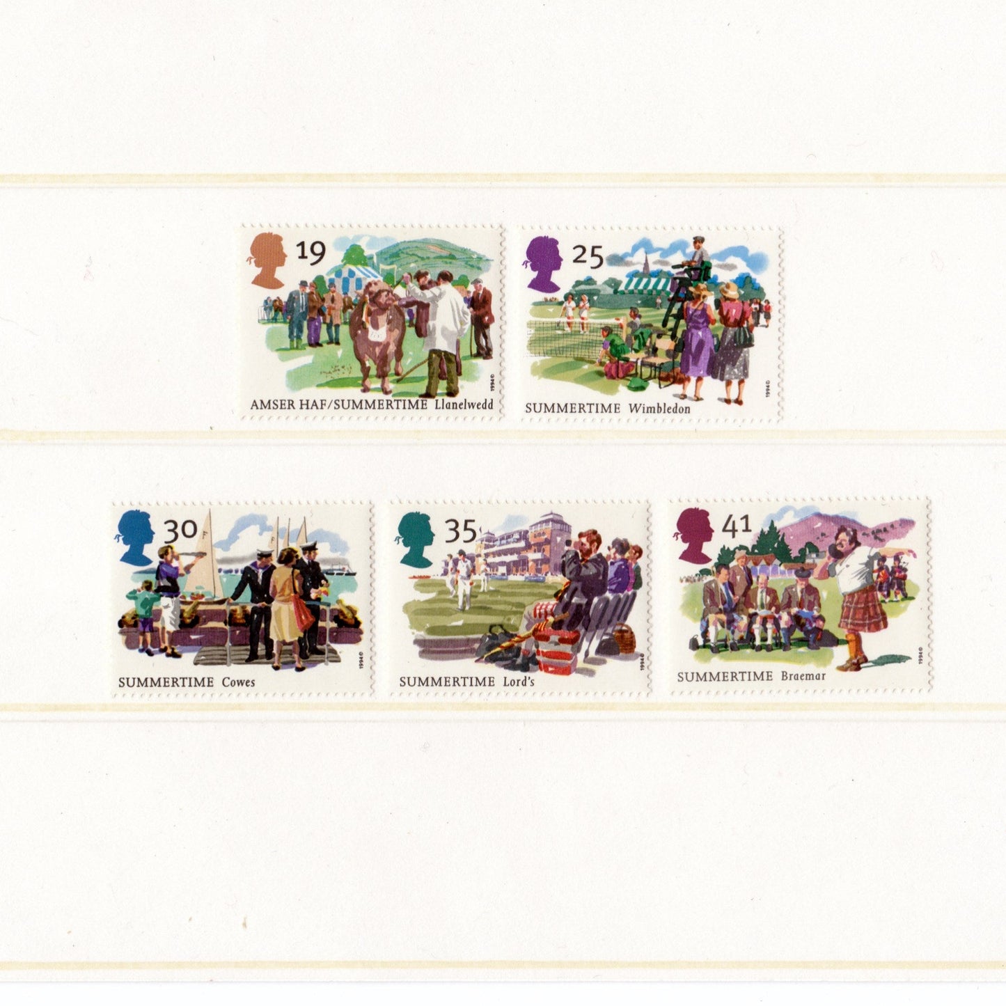 Set of six illustrated stamps featuring people and scenes, with a white background.