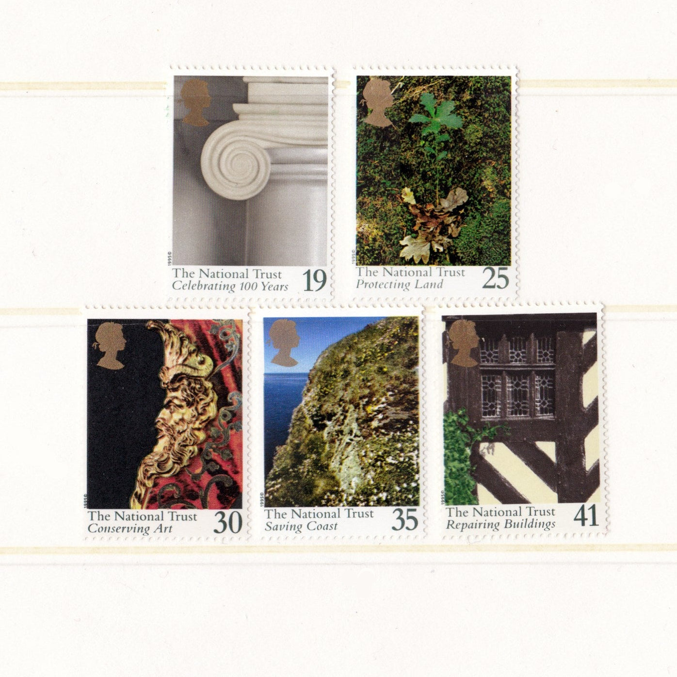 Collection of stamps featuring various national trust properties and features on a white background