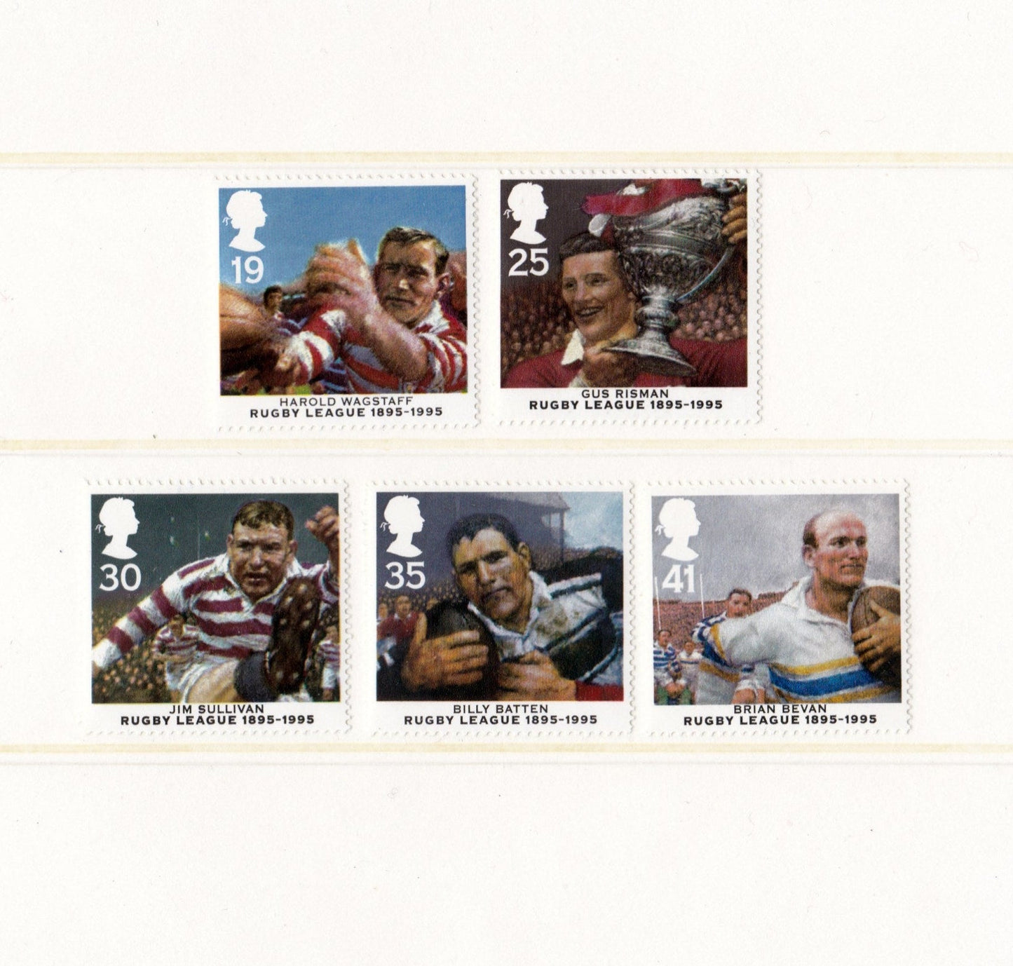 Set of five postage stamps featuring rugby league players and their years of service.