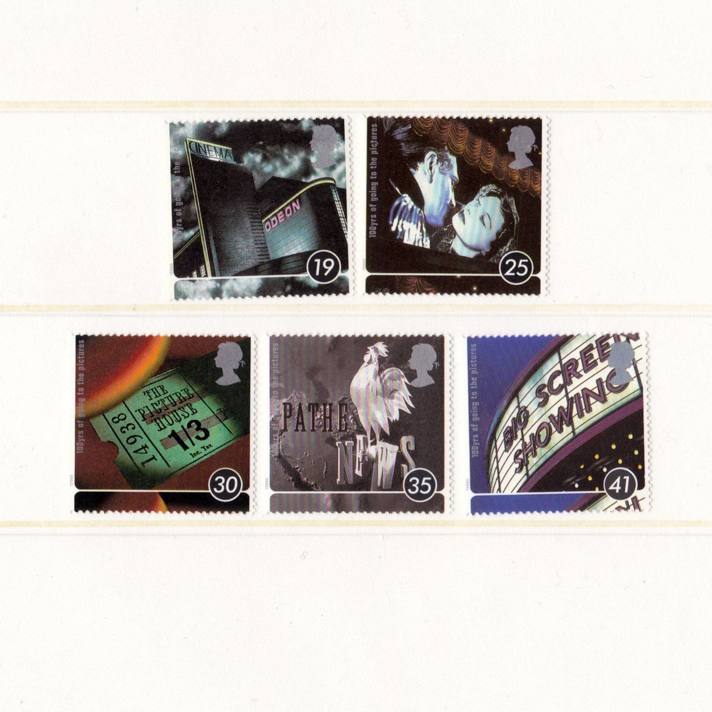 Collection of postage stamps with various cinema designs on a white background