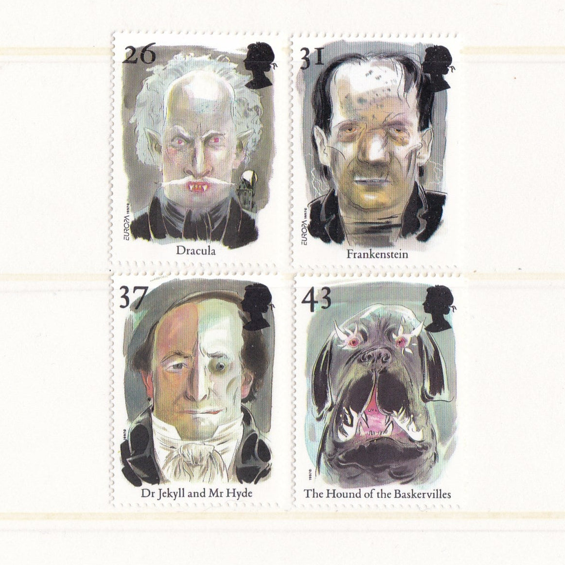 Drawn images of famous horror book characters on postage stamps
