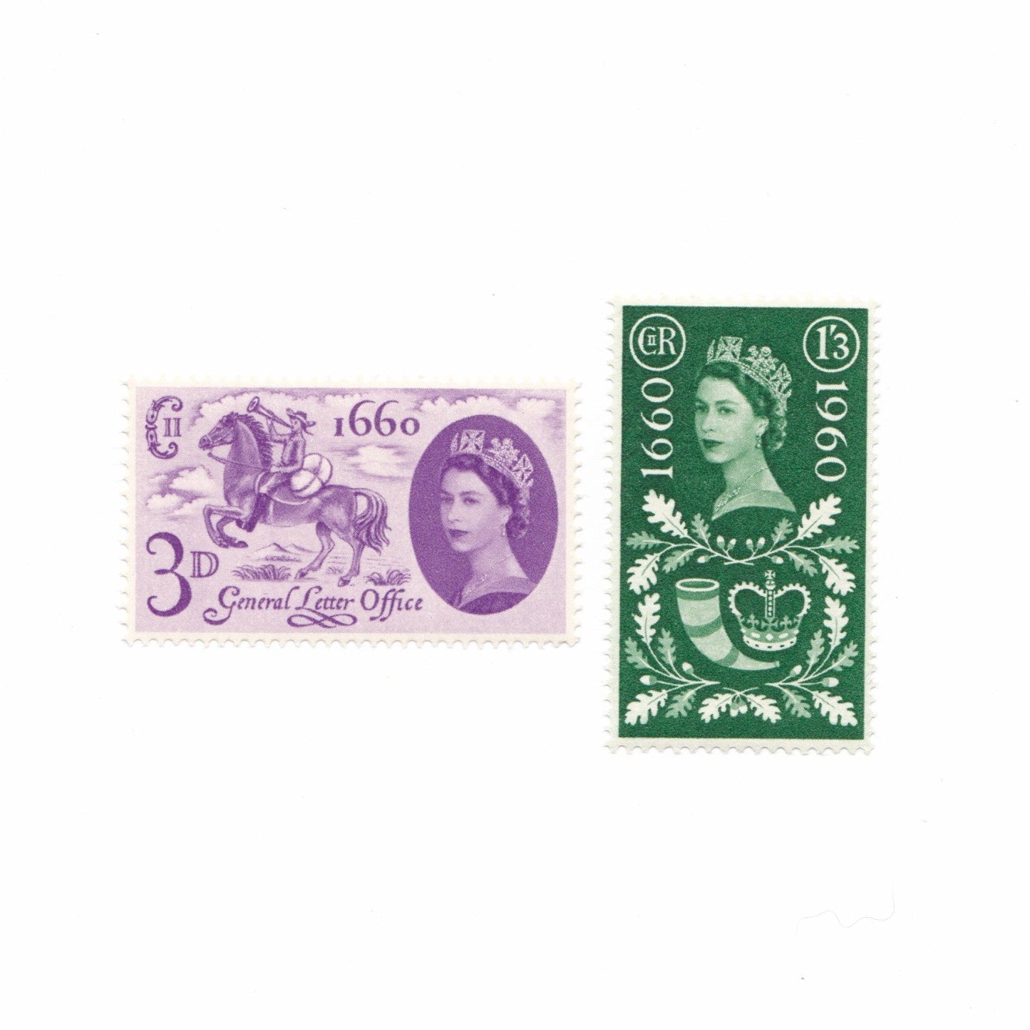Two vintage stamps featuring a portrait of a woman on a white background