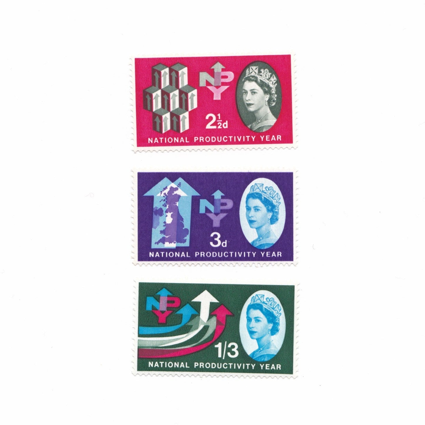 arrows on postage stamps indicating productivity going up and the queens head at the side
