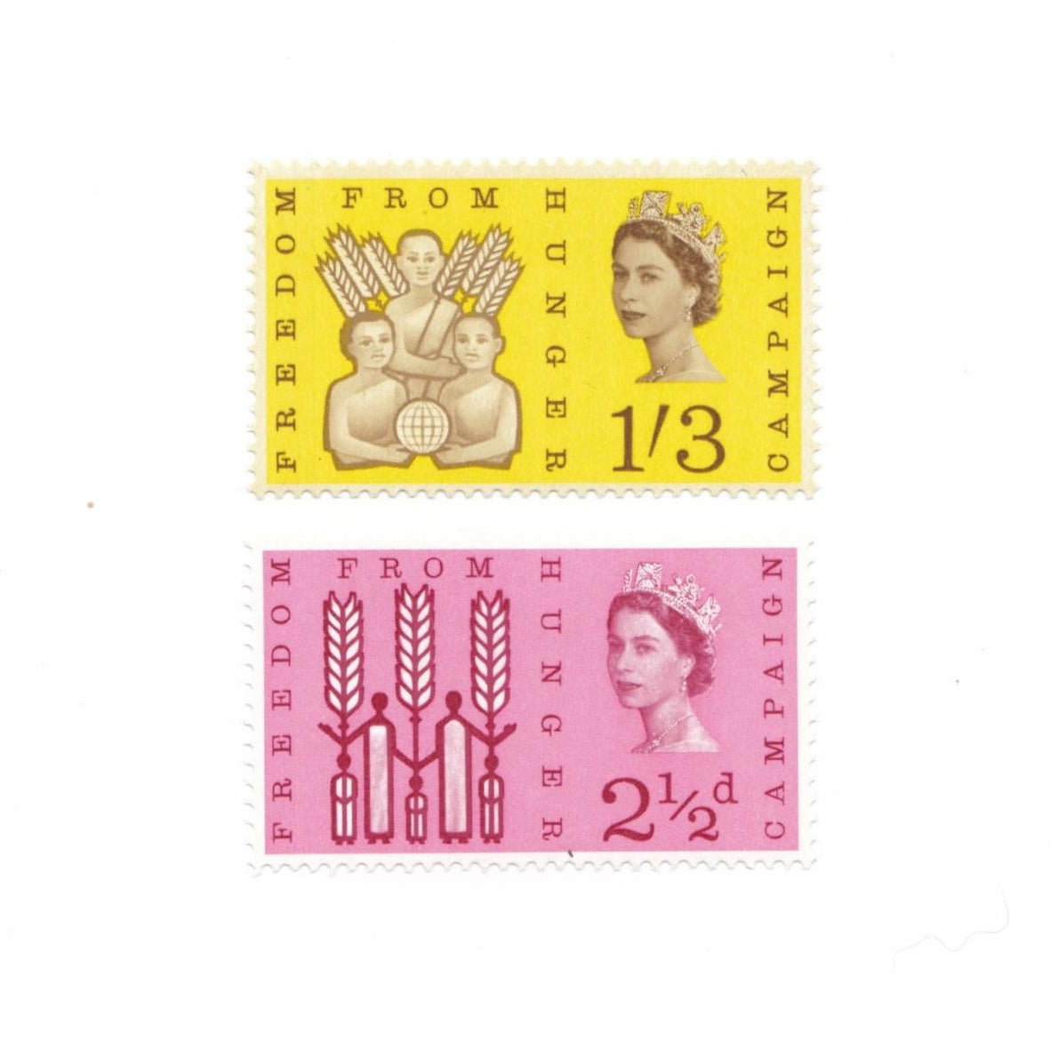 Yellow postage stamp with children holding wheat and a pink postage stamp with a family holding wheat