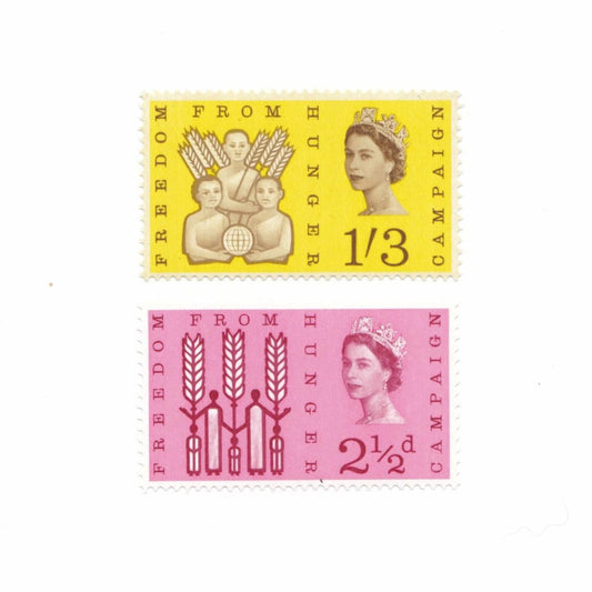 Yellow postage stamp with children holding wheat and a pink postage stamp with a family holding wheat