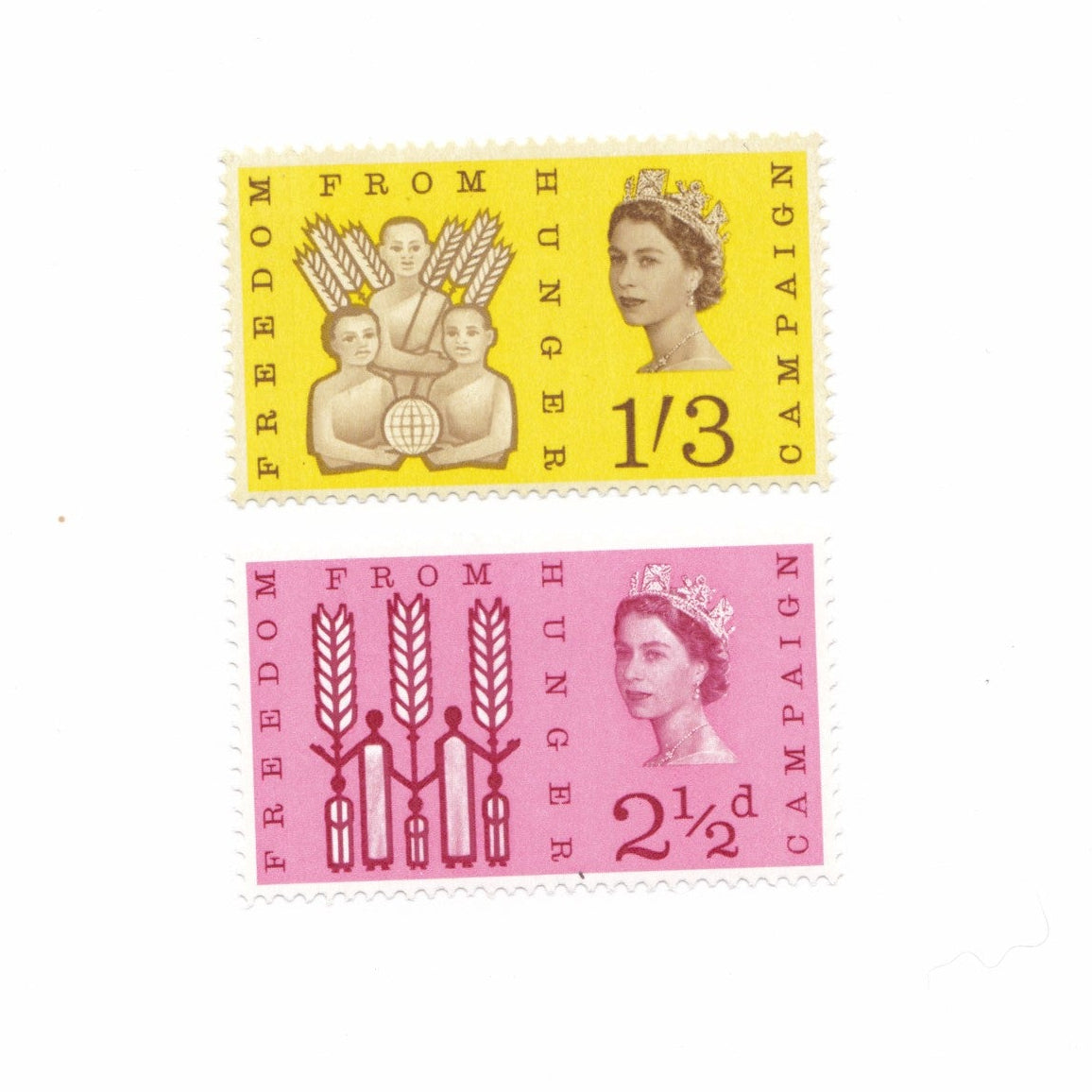 Two vintage stamps with Queen Elizabeth II on a white background