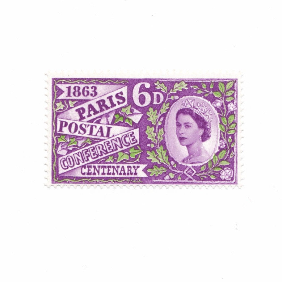 Vintage purple postage stamp with a portrait and text on a white background