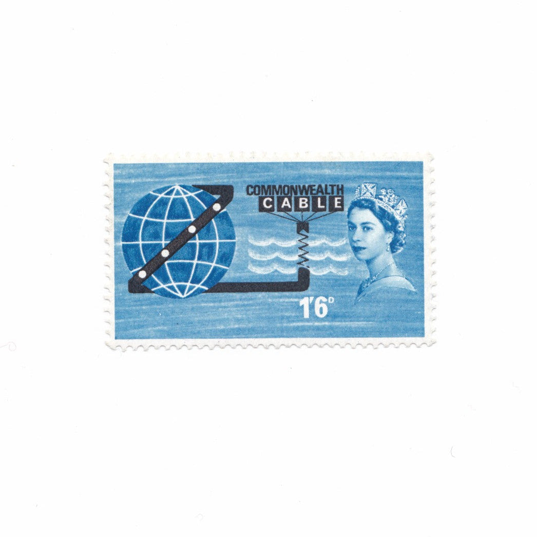 Blue postage stamp with a design and text on a white background