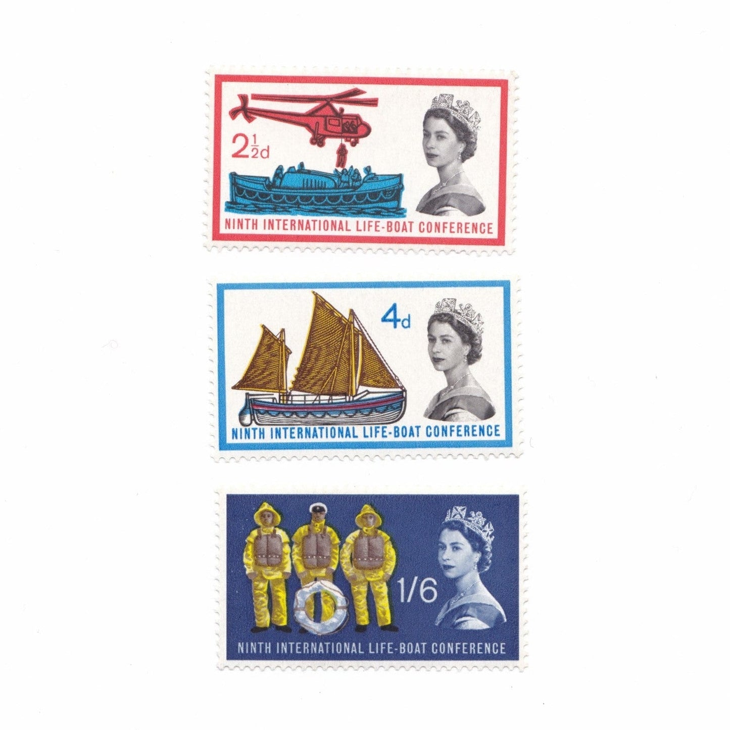 Three vintage stamps featuring Queen Elizabeth II and maritime scenes on a white background.