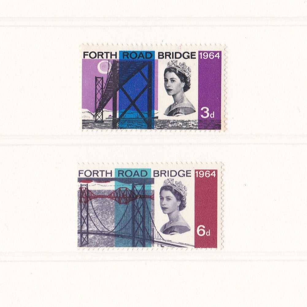 Two vintage stamps featuring the Forth Road Bridge and a portrait of a queen on a white background.