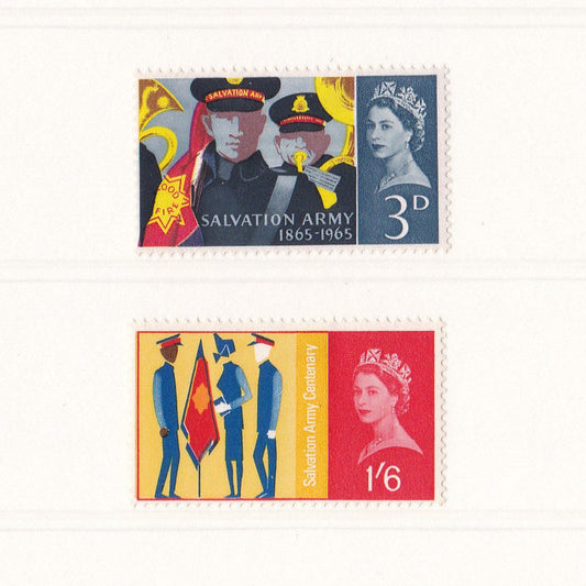 Two vintage postage stamps featuring figures and text on a white background