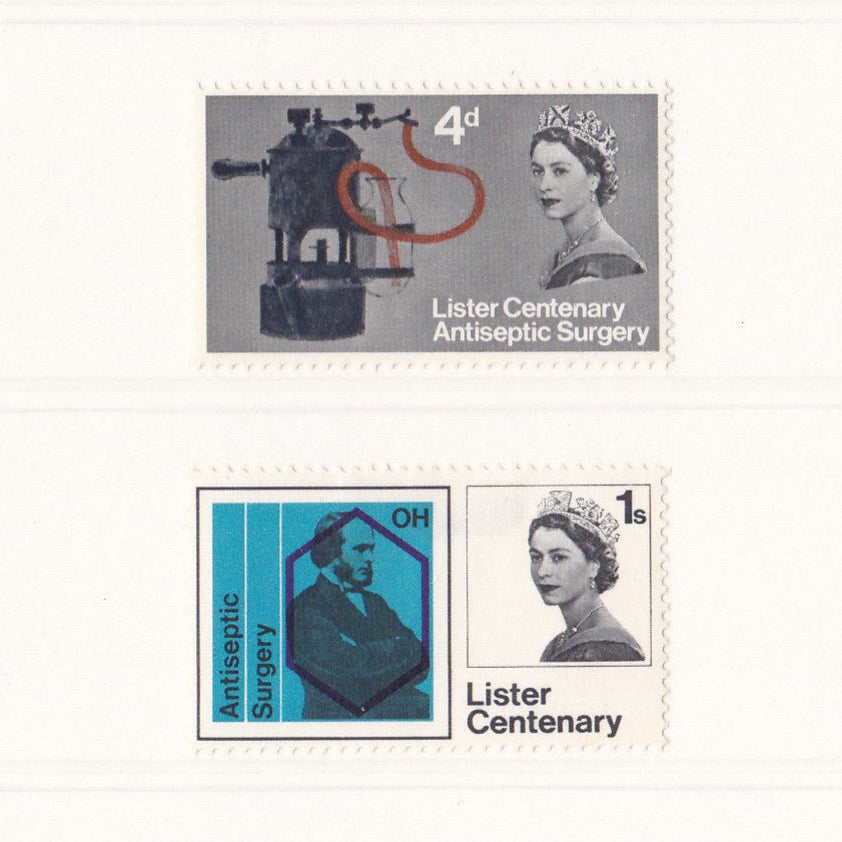 Three stamps featuring images of a woman and medical equipment on a white background