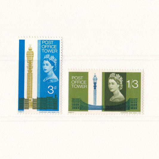 Two stamps featuring Queen Elizabeth II and the Post Office Tower on a white background
