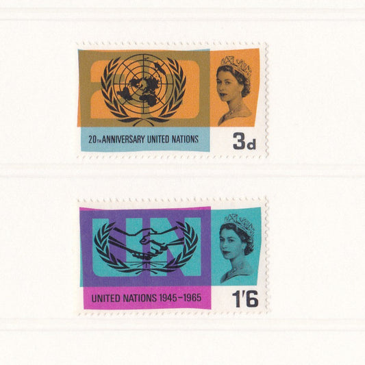 Two stamps featuring the United Nations logo and a portrait on a white background