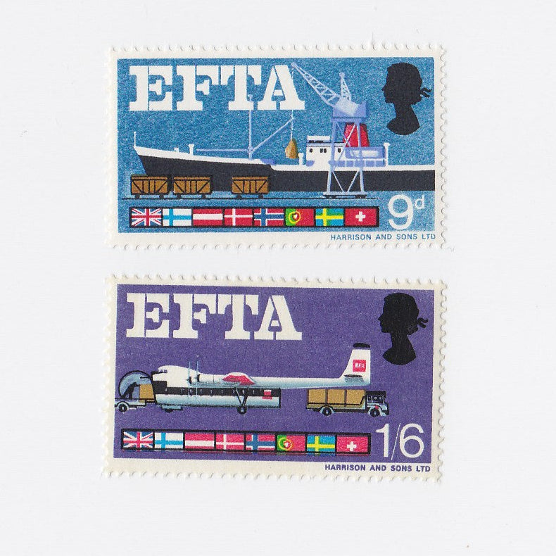 Two stamps featuring EFTA designs on a white background