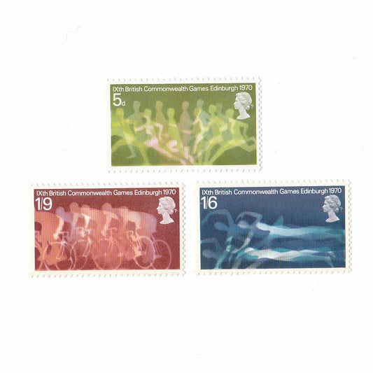 Three stamps from the 1970 British Commonwealth Games Edinburgh set on a white background.