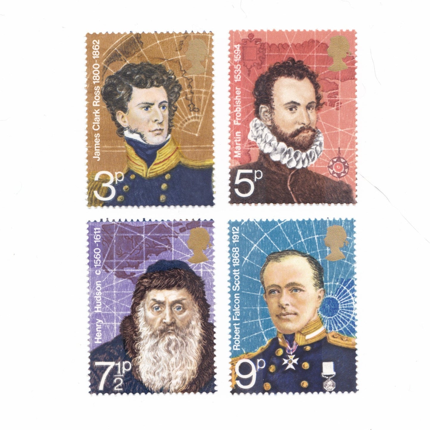 Four vintage stamps featuring portraits of historical figures on a white background.