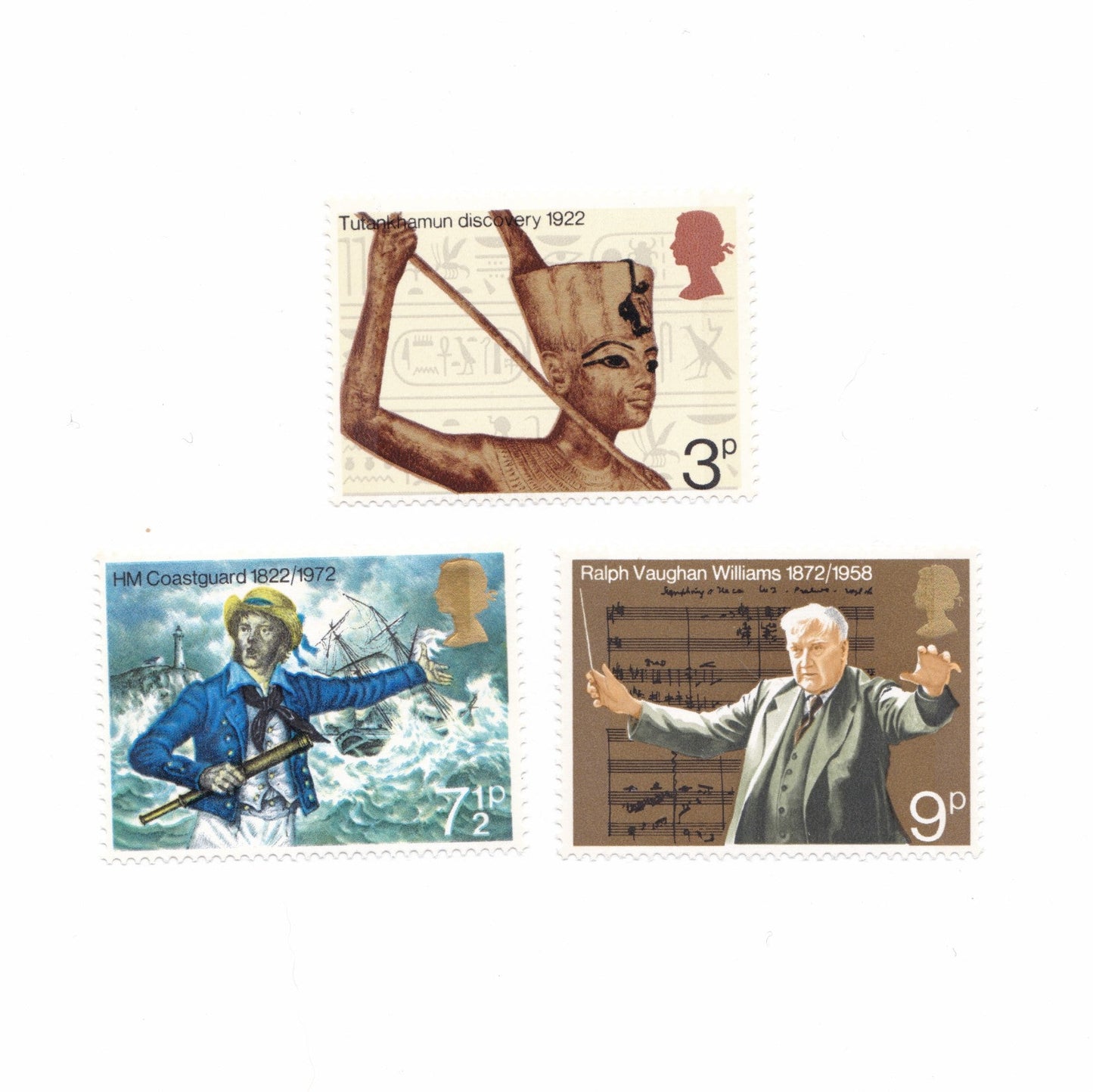 Three postage stamps featuring different designs on a white background