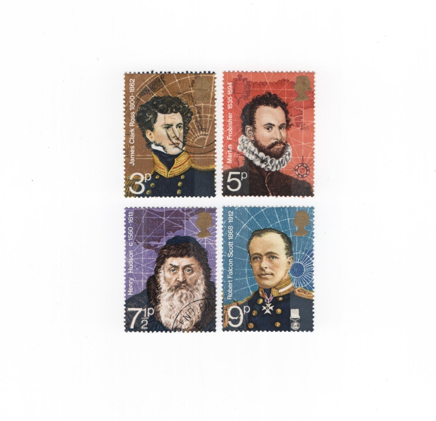 Four vintage postage stamps featuring portraits on a white background