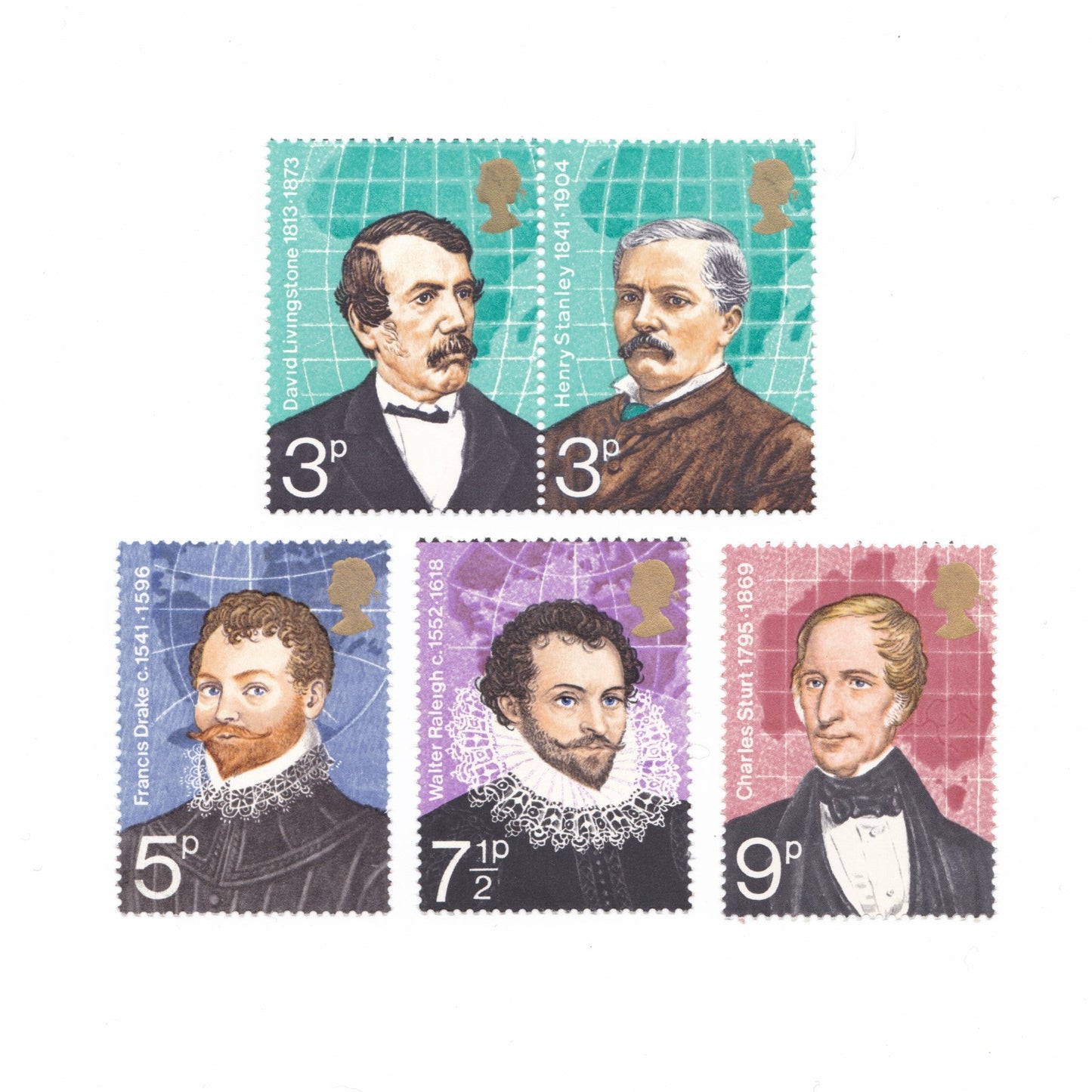 Set of postage stamps featuring portraits on a white background