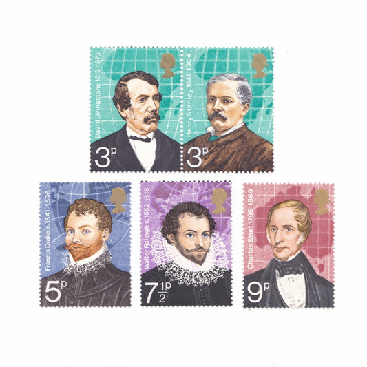 Set of postage stamps featuring portraits on a white background