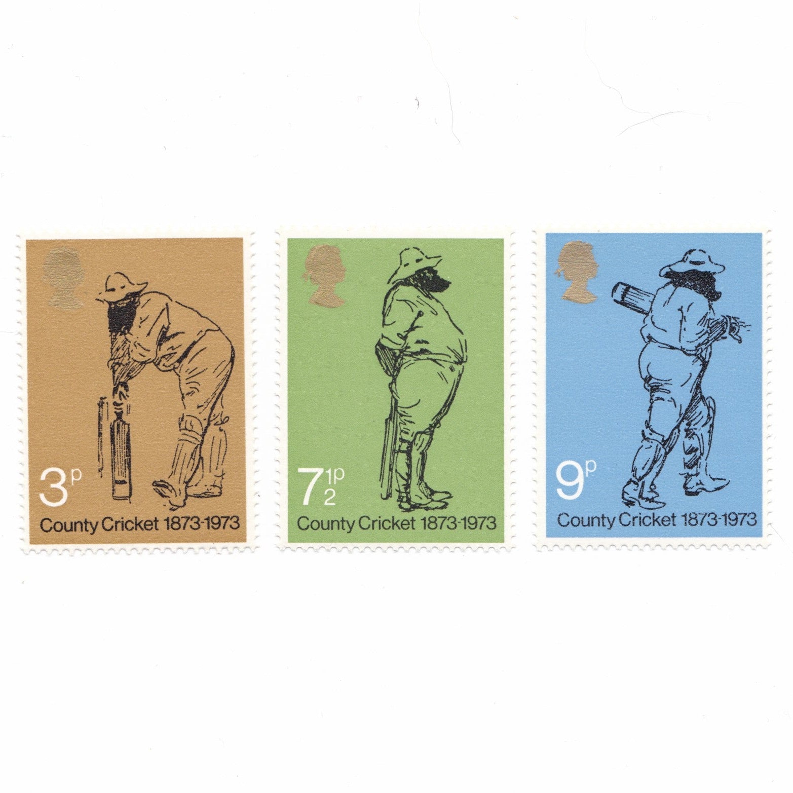 Three vintage stamps featuring illustrations of a cricketer in different poses on a white background.