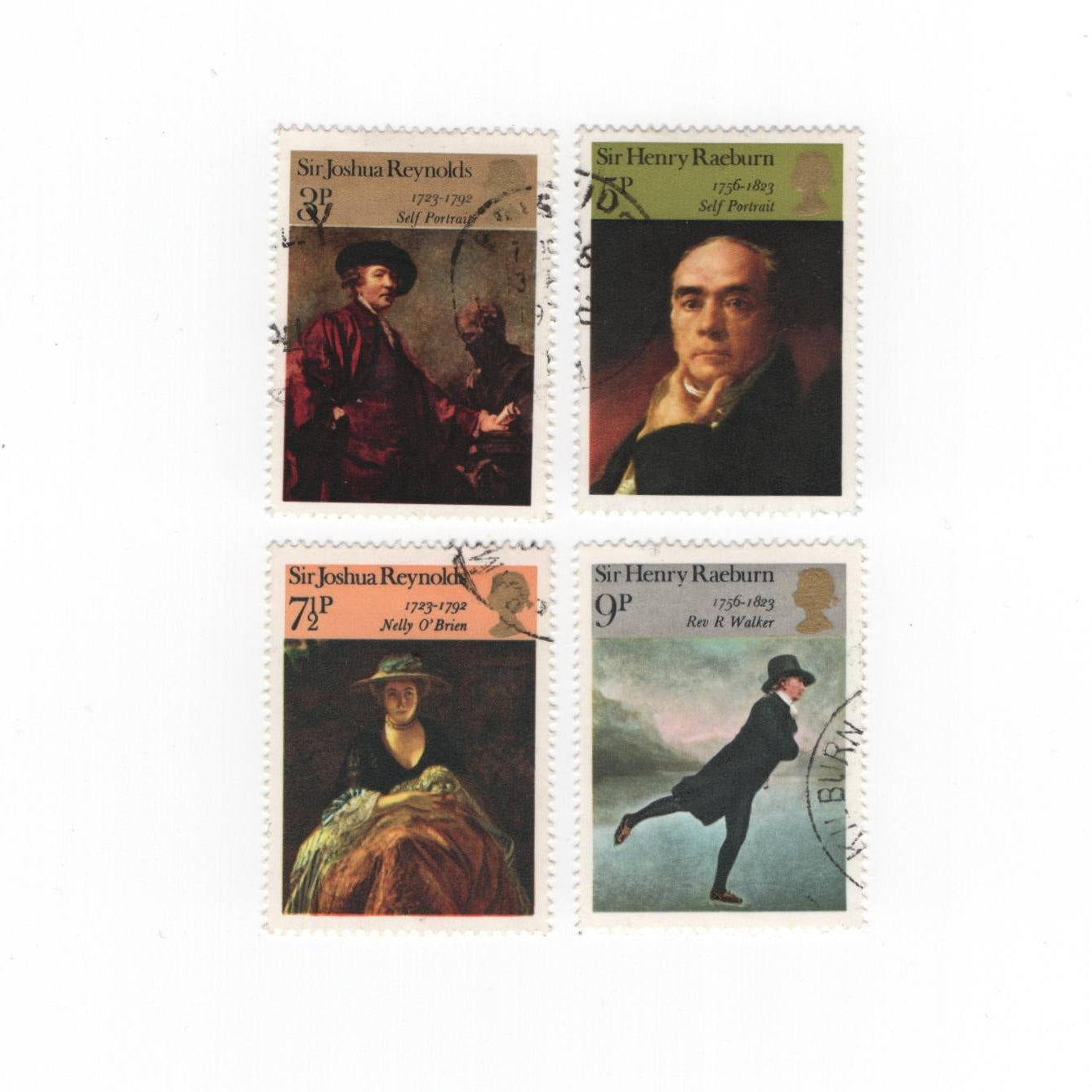 Four stamps featuring portraits on a white background