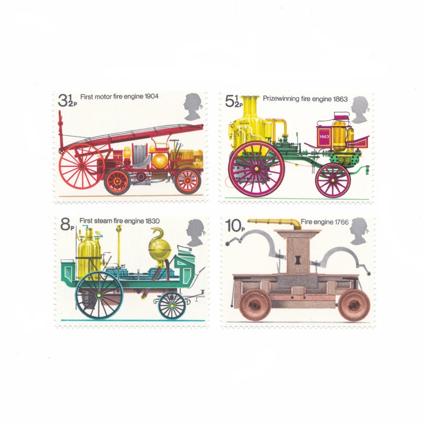 Illustrations of early fire engines on a white background
