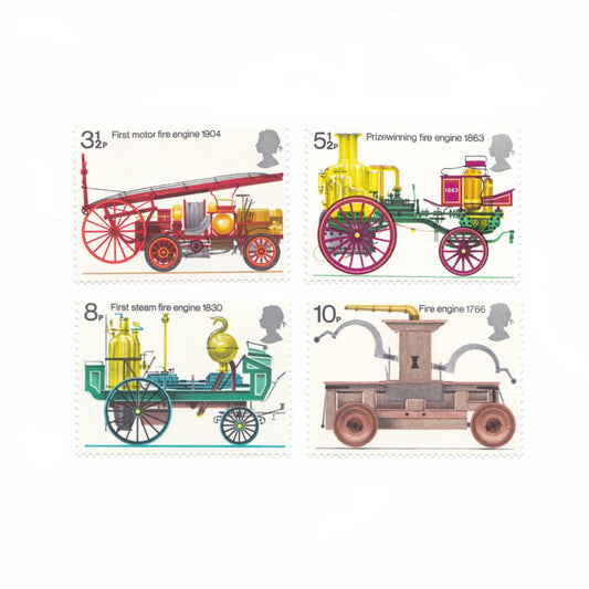 Illustrations of early fire engines on a white background