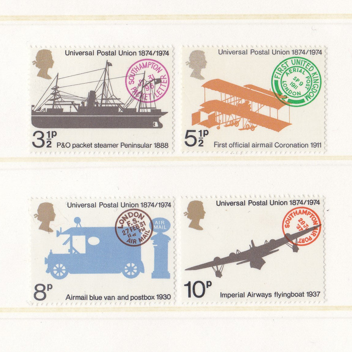 block style images of mail transport with a cancellation on postage stamps