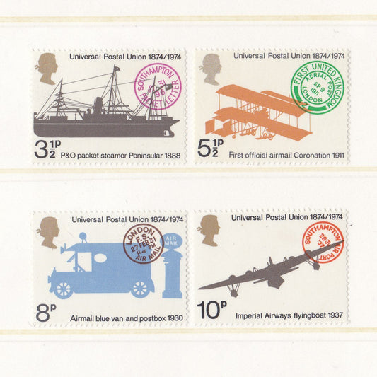 block style images of mail transport with a cancellation on postage stamps