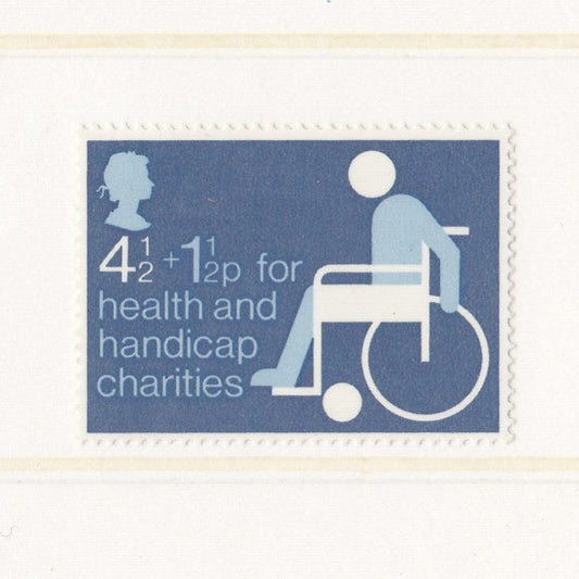 Blue postage stamp with a wheelchair icon and text on a white background