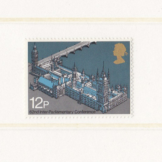 houses of parliament in blue on a postage stamp
