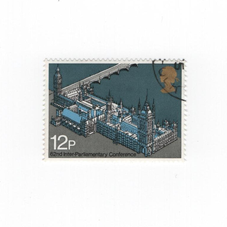 Stamps with a design of a building and text on a white background
