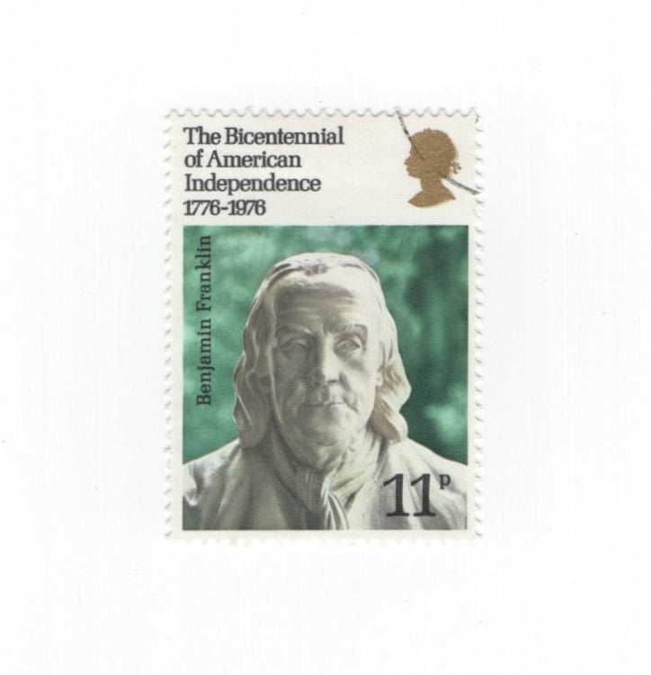 Stamp featuring Benjamin Franklin with text 'The Bicentennial of American Independence' on a white background